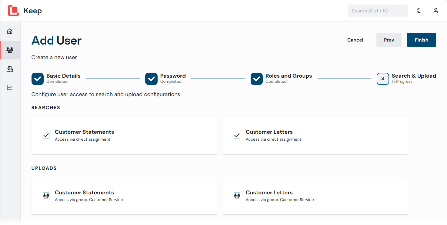 The Search and Upload page of the Add User process in Keep.
